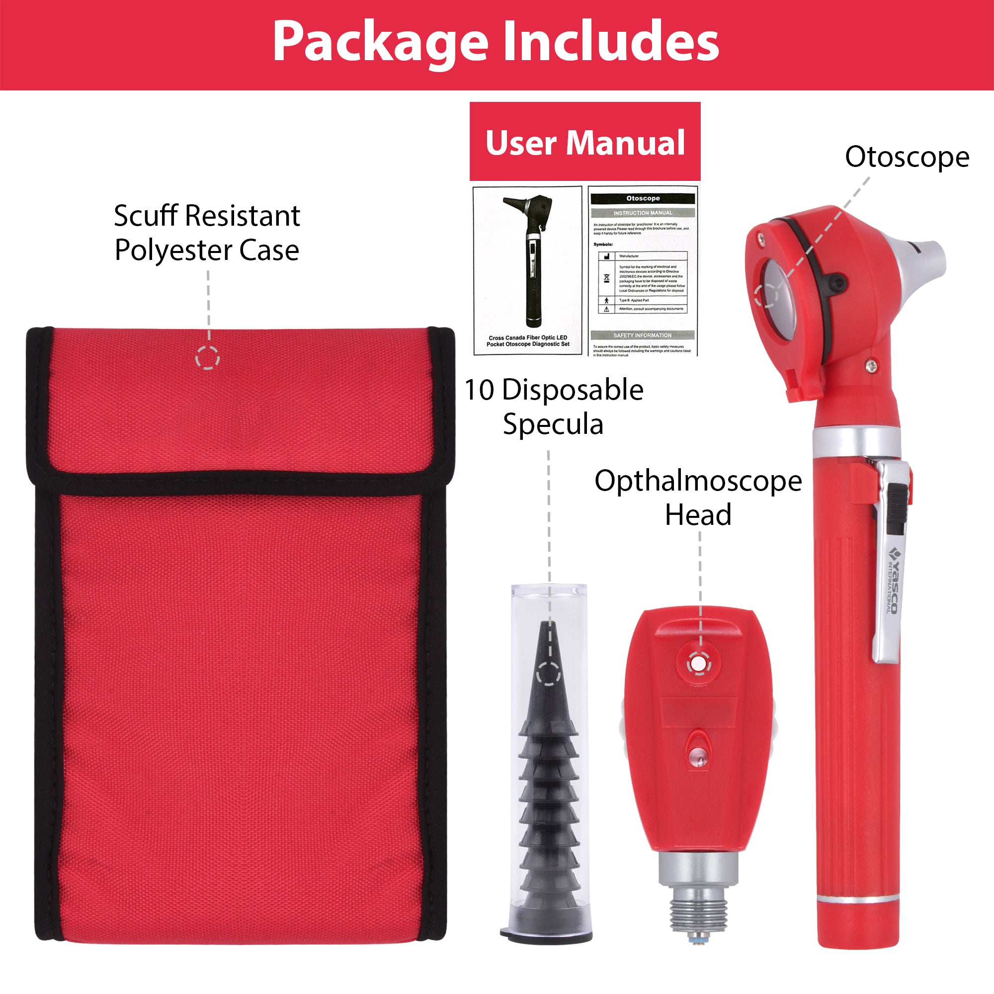 Fiber Optic Mini Ophthalmoscope & Otoscope Set - Red
