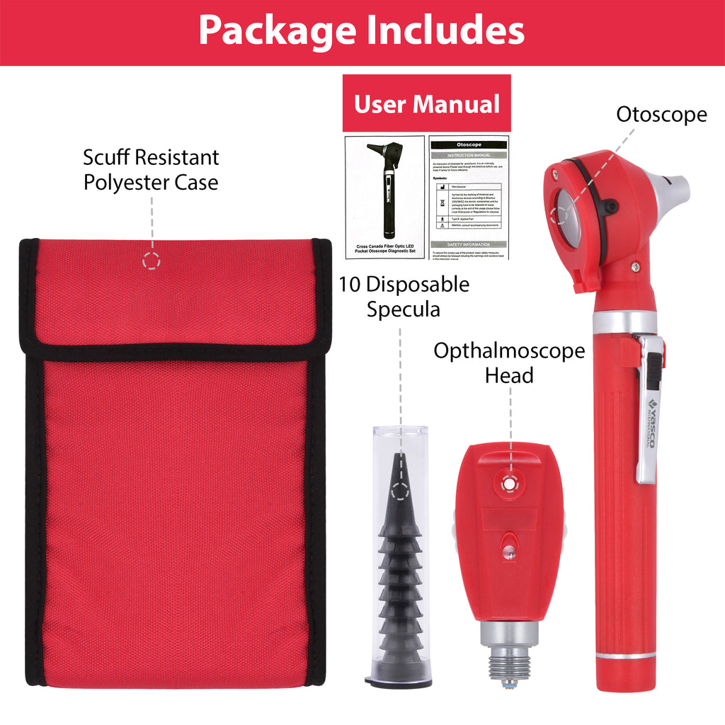 Fiber Optic Mini Ophthalmoscope & Otoscope Set - Red
