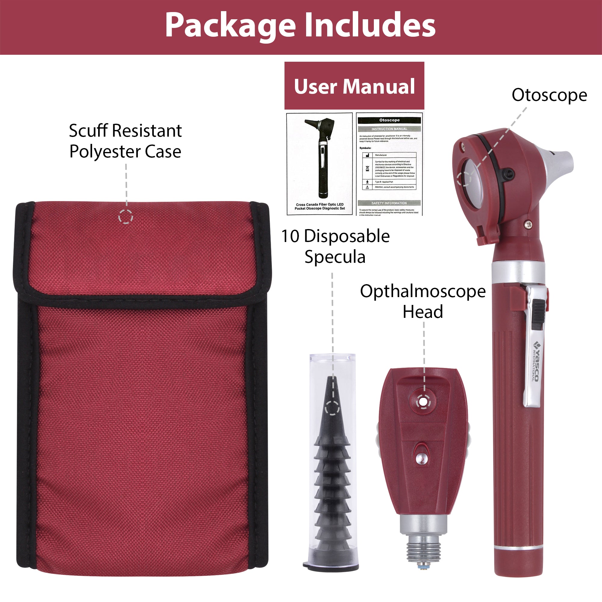 Fiber Optic Mini Ophthalmoscope & Otoscope Set -  Burgundy