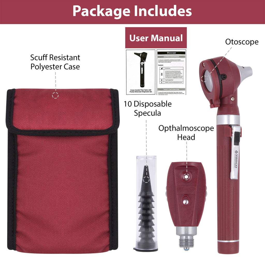 Fiber Optic Mini Ophthalmoscope & Otoscope Set -  Burgundy