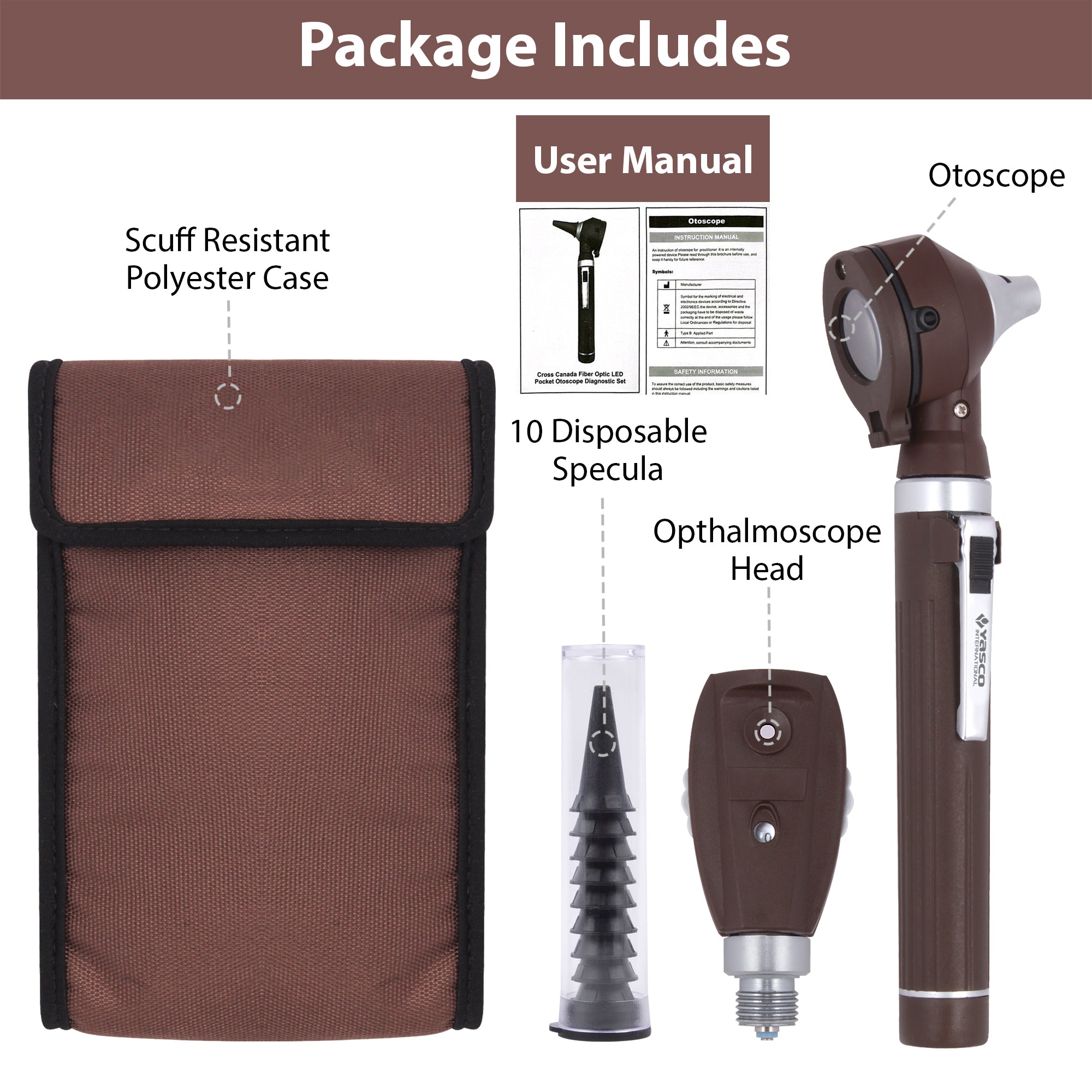 Fiber Optic Mini Ophthalmoscope & Otoscope Set - Chocolate Brown