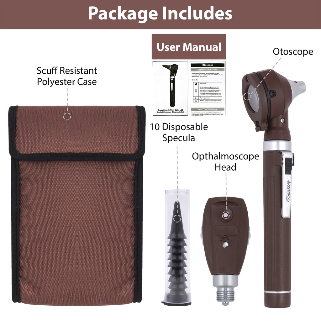 Fiber Optic Mini Ophthalmoscope & Otoscope Set - Chocolate Brown