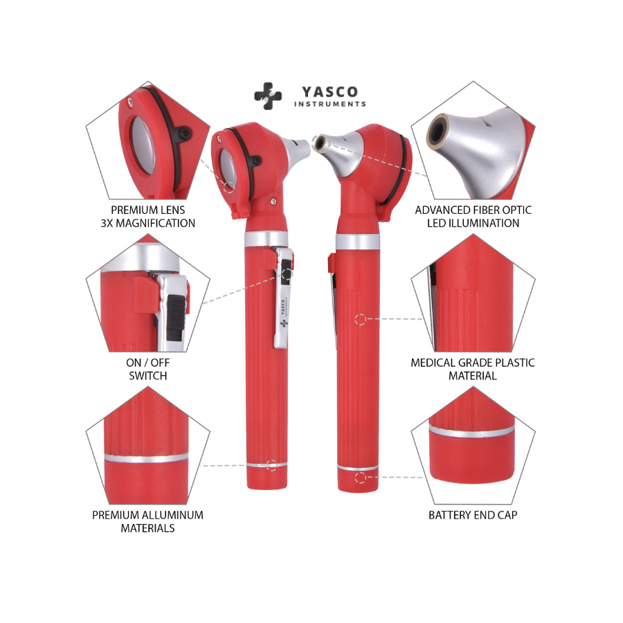 Fiber Optic Pocket Otoscope Set | Bright Red
