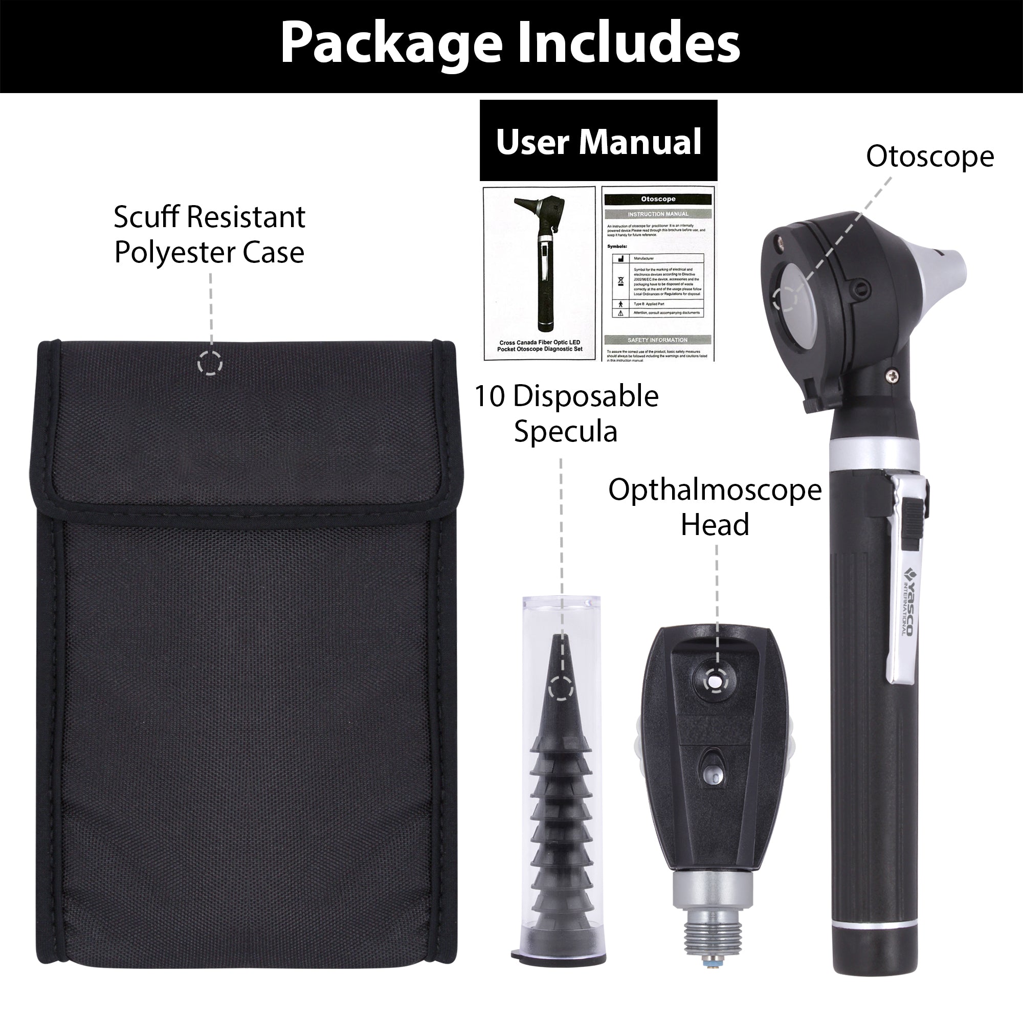 Fiber Optic Mini Ophthalmoscope & Otoscope Set - Black