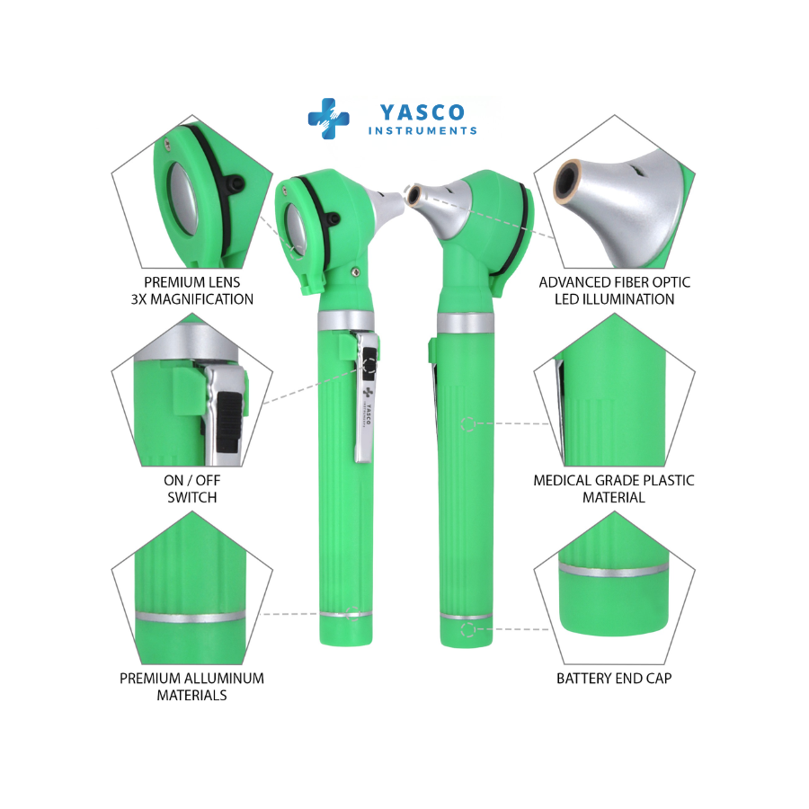 Fiber Optic Mini EENT Diagnostic Set | Green Otoscope & Ophthalmoscope