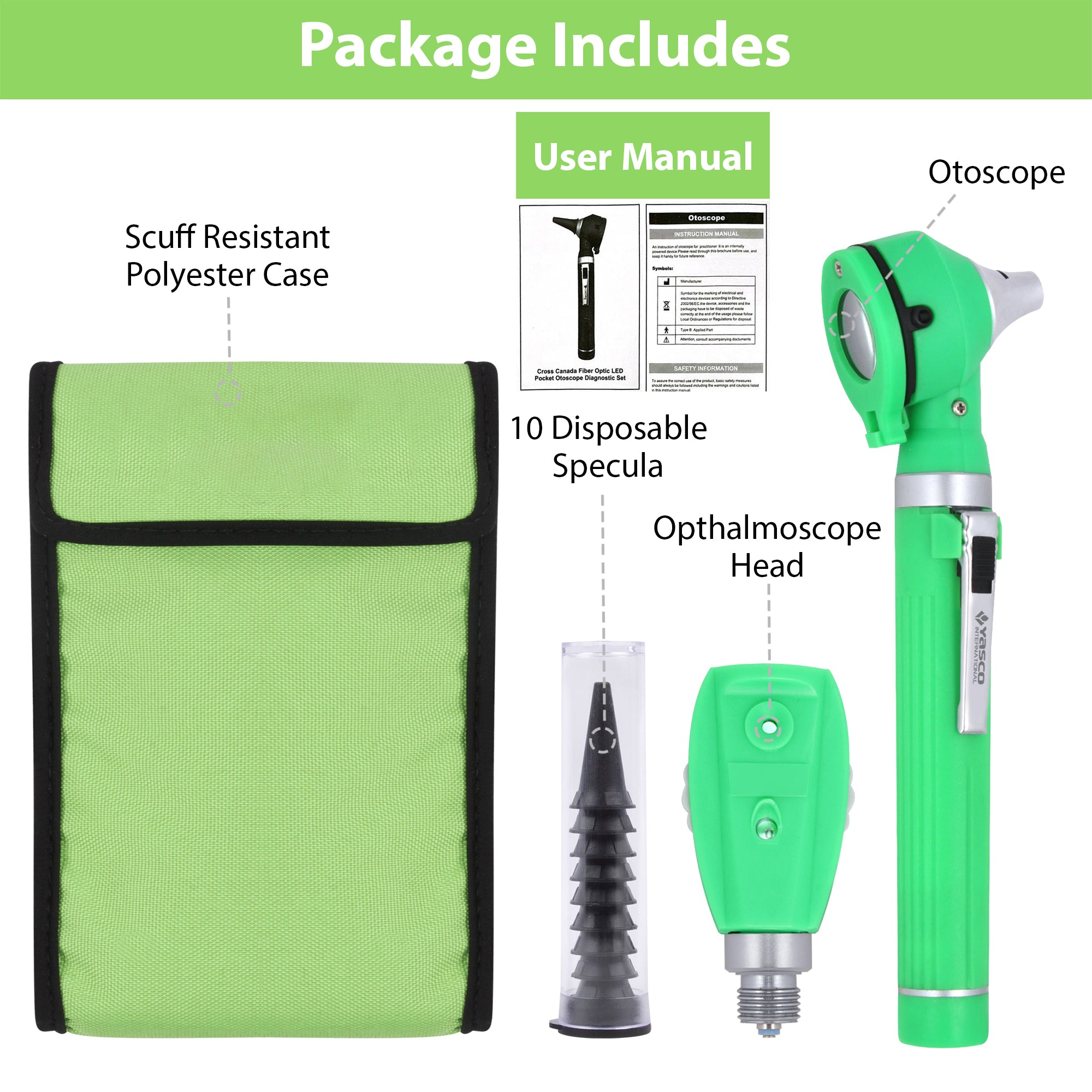 Fiber Optic Mini Ophthalmoscope & Otoscope Set -  Green