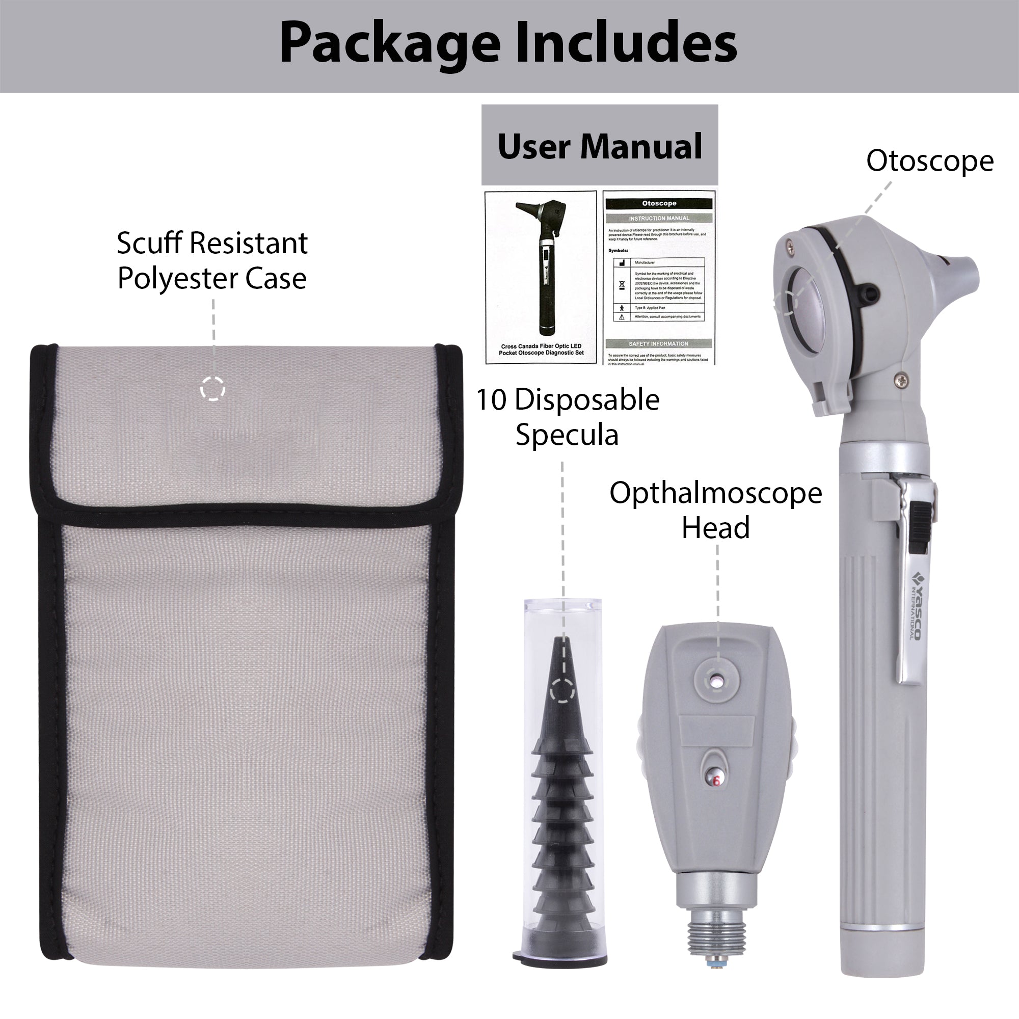 Fiber Optic Mini Ophthalmoscope & Otoscope Set -  Gray