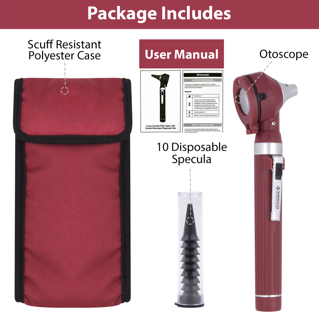 Fiber Optic Mini Otoscope Set - Burgundy