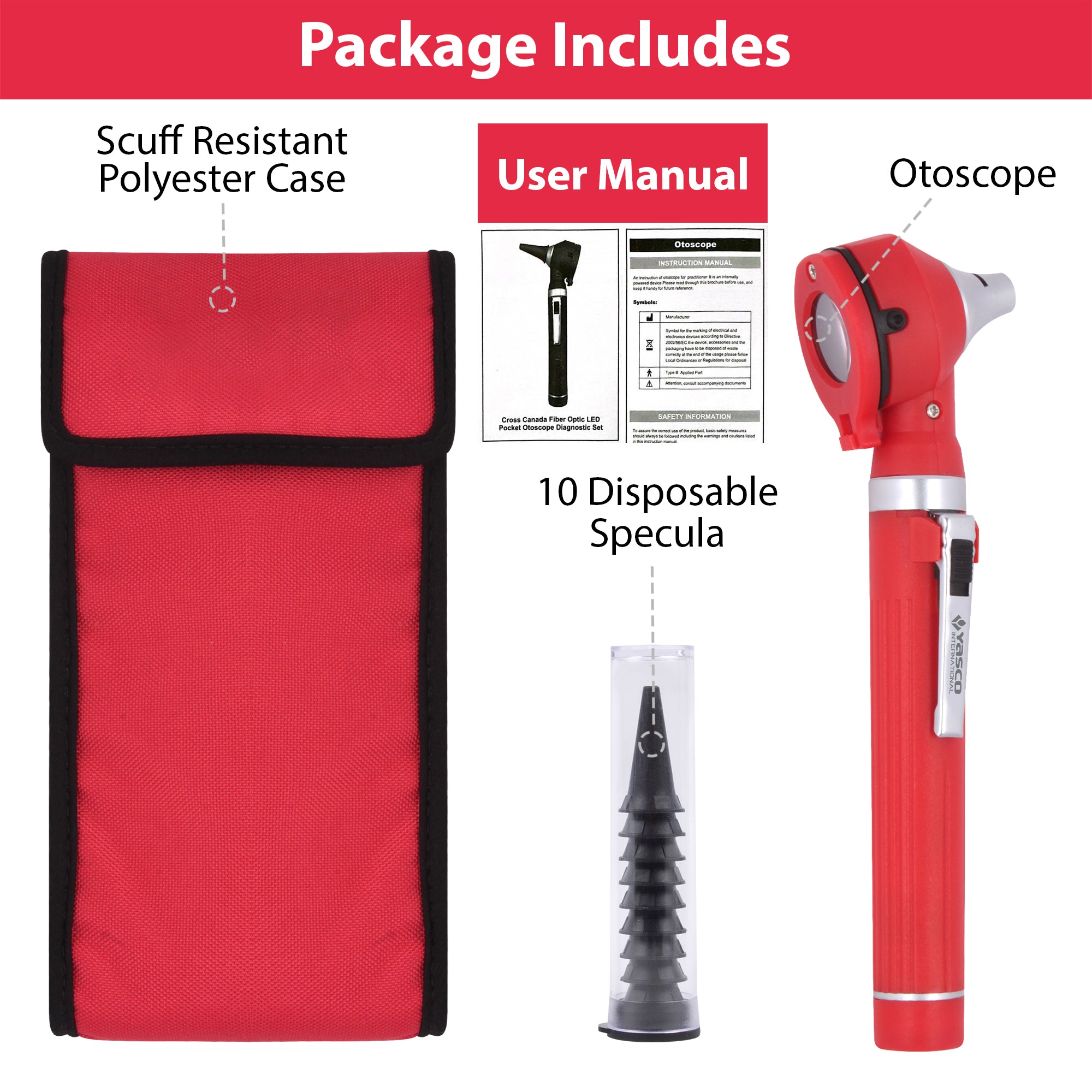 Fiber Optic Mini Otoscope Set - Red