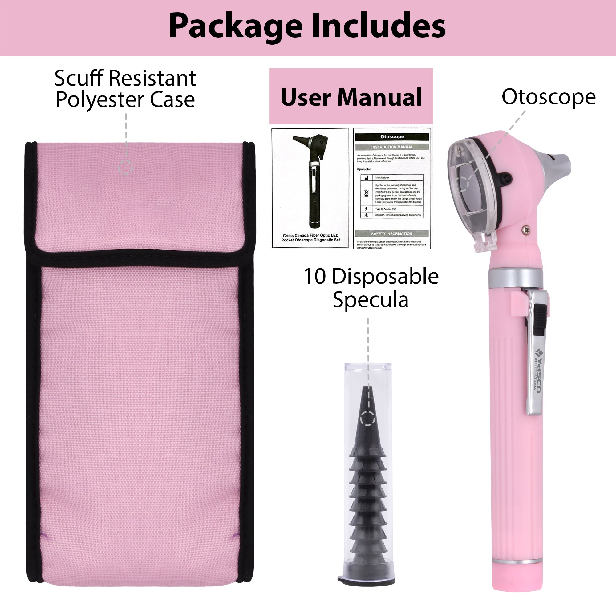 Fiber Optic Mini Otoscope Set - Pearl Pink