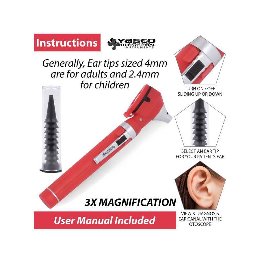 Fiber Optic Pocket Otoscope Set | Bright Red