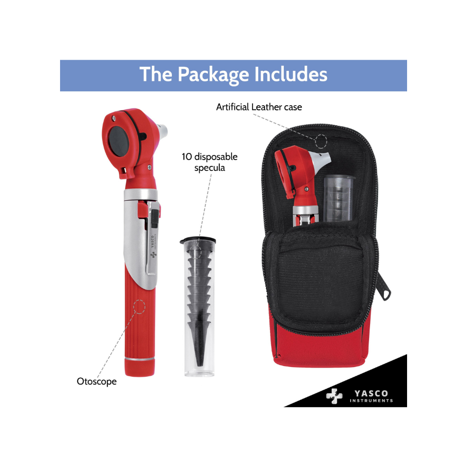 Fiber Optic Pocket Otoscope Set | Bright Red