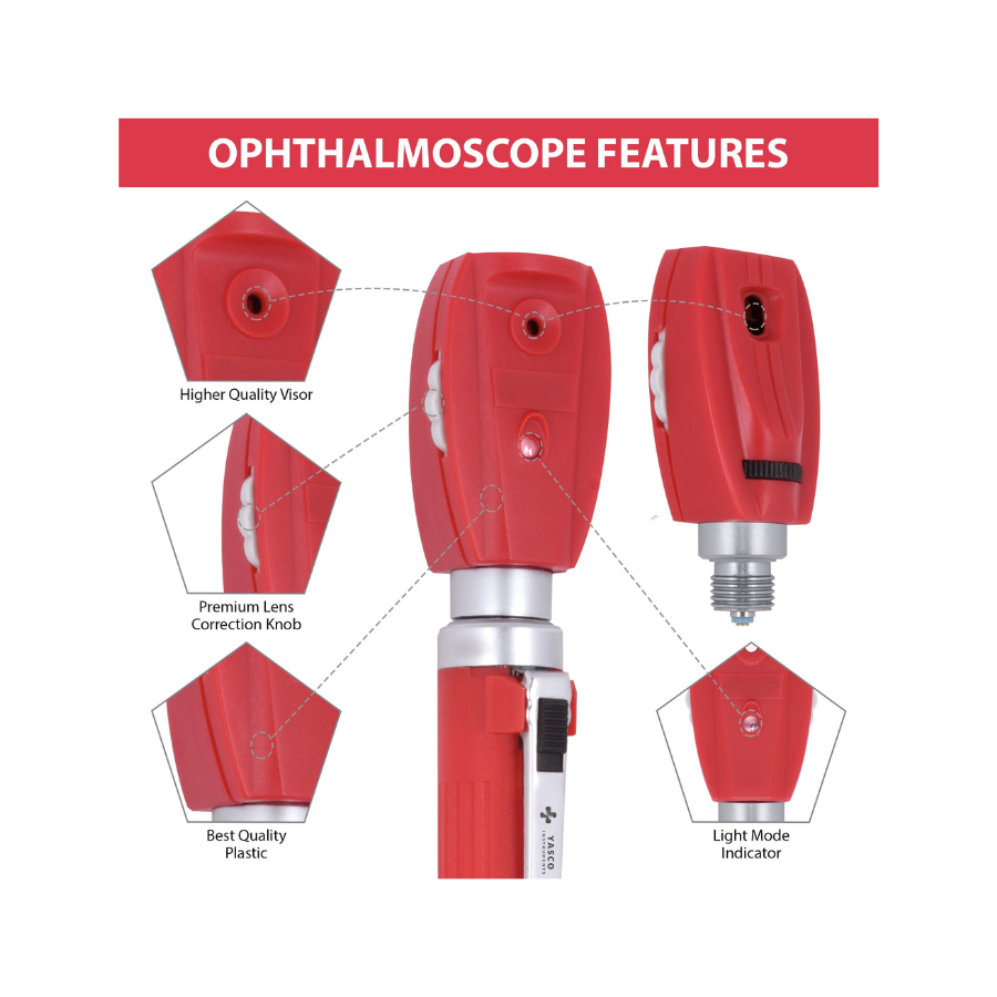 Fiber Optic Mini EENT Diagnostic Set | Red Otoscope & Ophthalmoscope