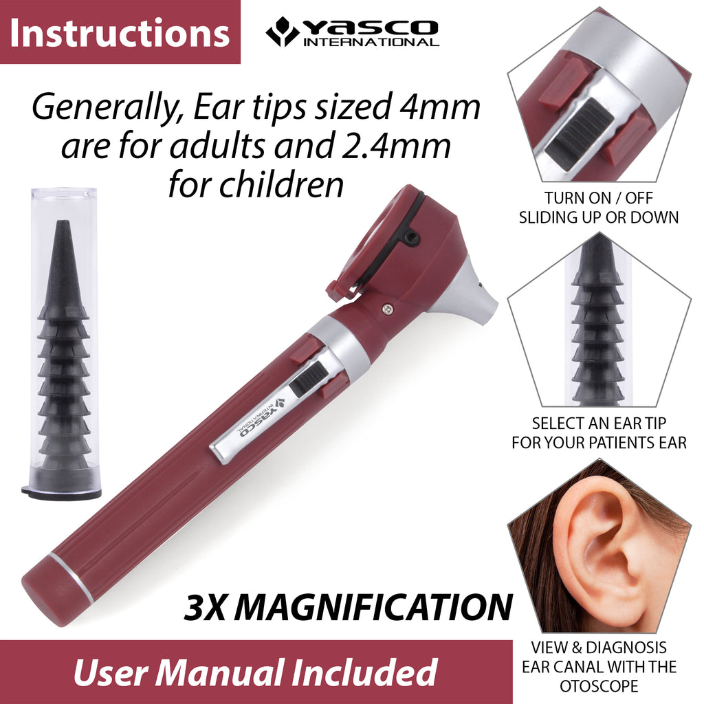 Fiber Optic Mini Otoscope Set - Burgundy