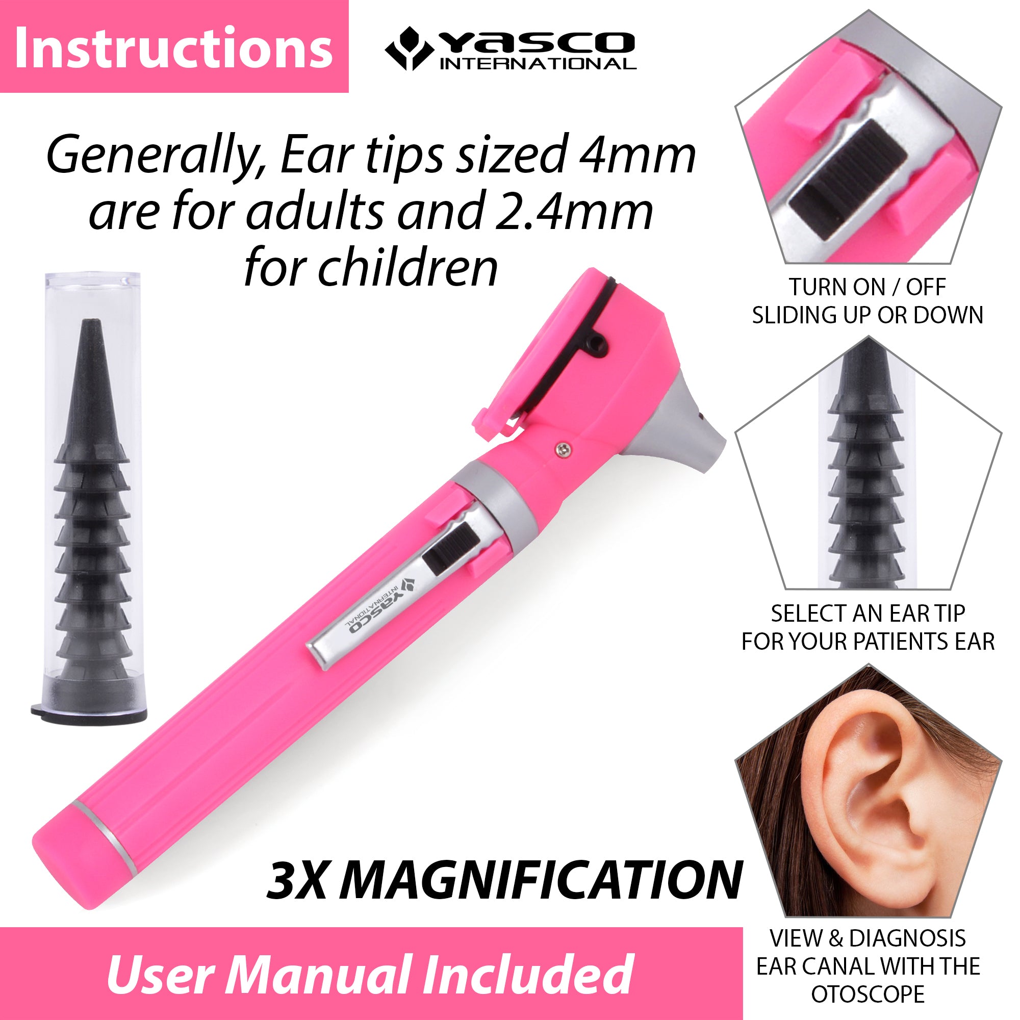 Fiber Optic Mini Otoscope Set - Rose Pink