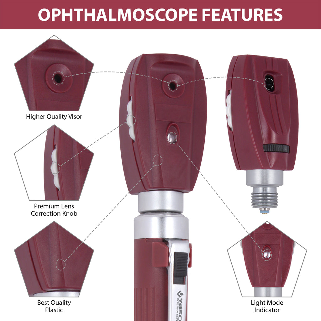 Fiber Optic Mini Ophthalmoscope & Otoscope Set -  Burgundy
