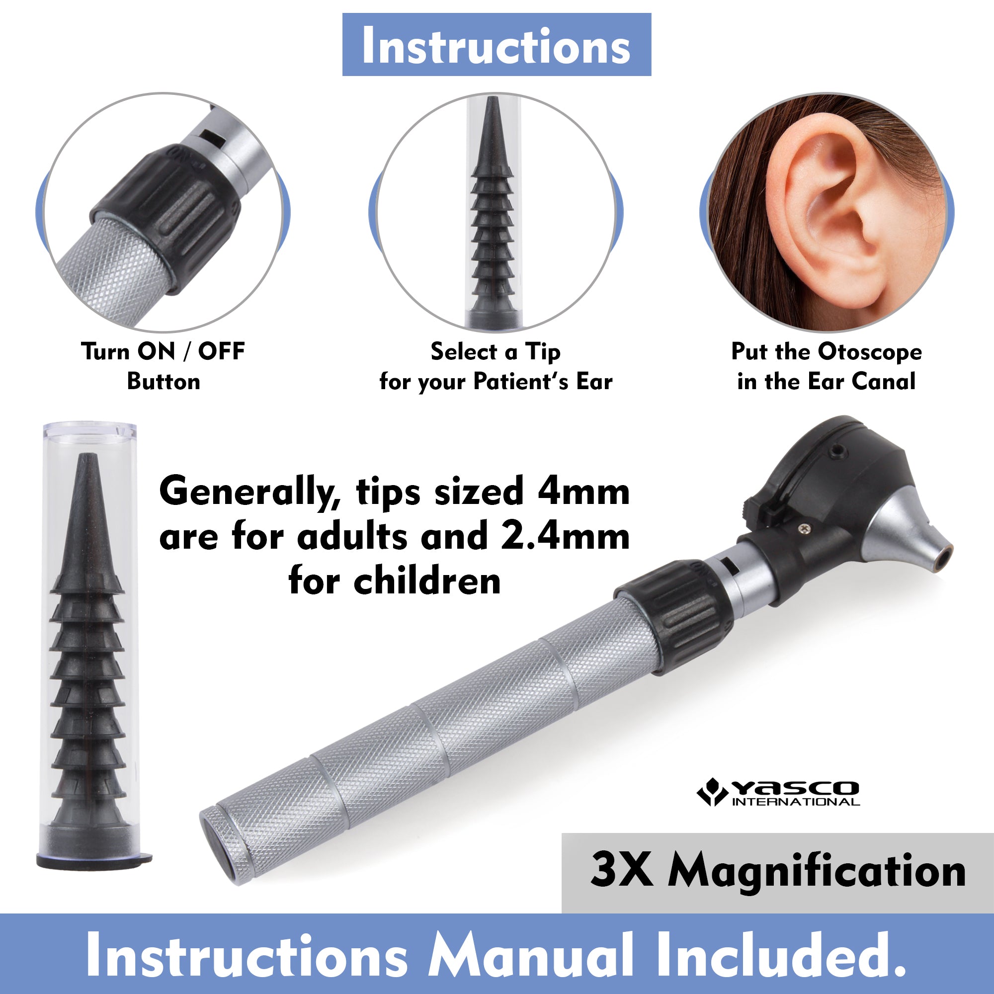 Fiber Optic Brass Otoscope Set - Black Finish Head