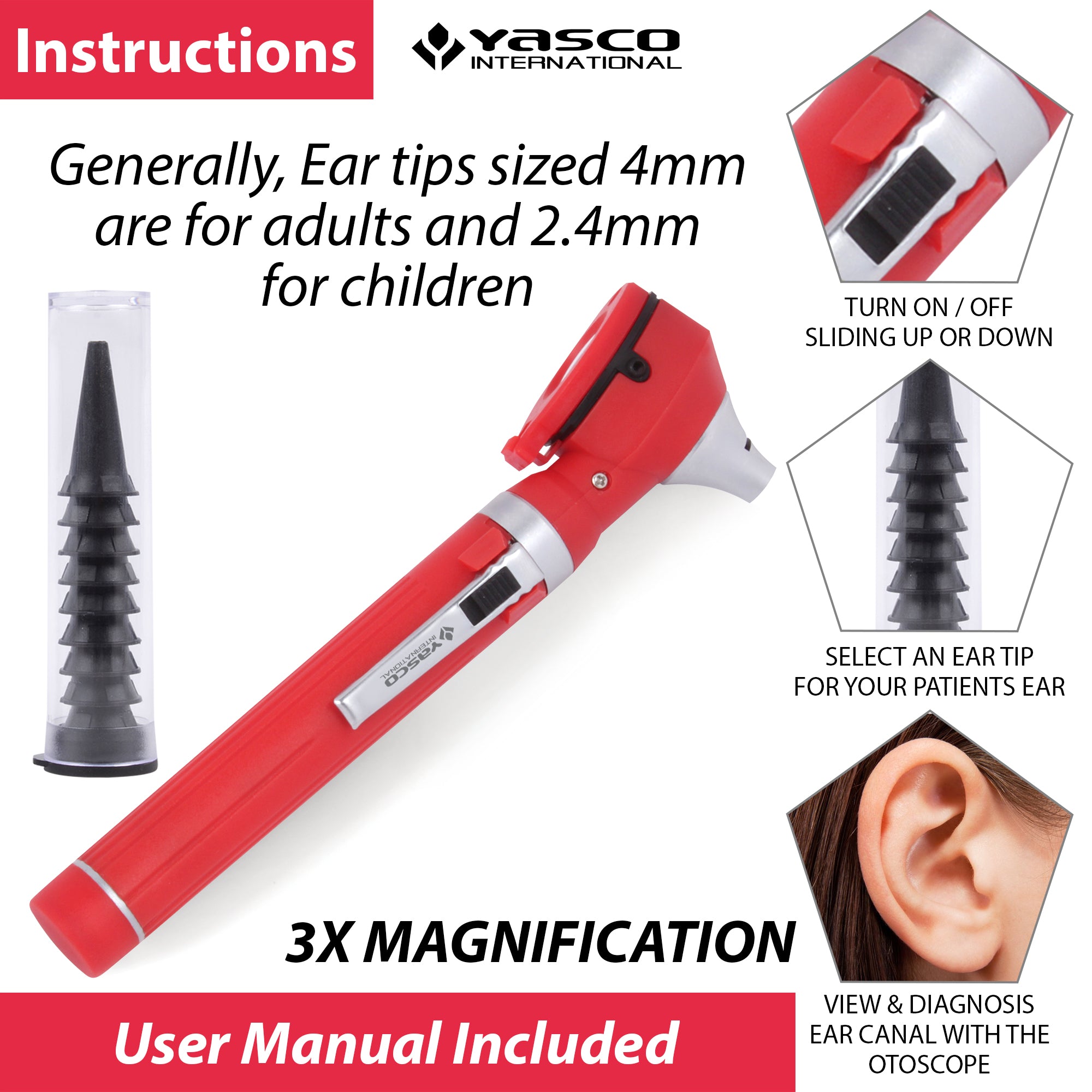Fiber Optic Mini Otoscope Set - Red