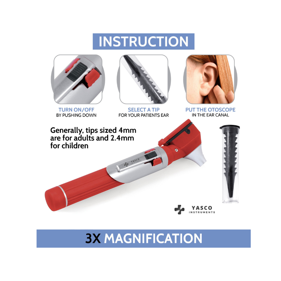 Fiber Optic Pocket Otoscope Set | Bright Red
