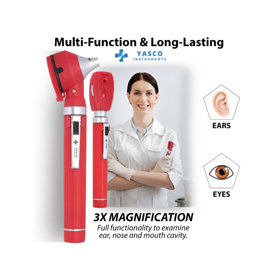 Fiber Optic Mini EENT Diagnostic Set | Red Otoscope & Ophthalmoscope
