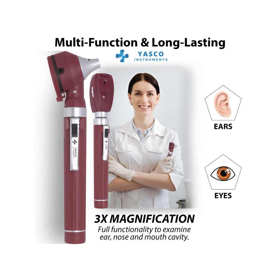 Fiber Optic Mini EENT Set | Burgundy Otoscope & Ophthalmoscope