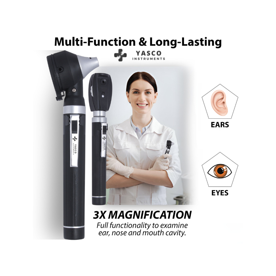 Fiber Optic Mini EENT Diagnostic Set | Black Otoscope & Ophthalmoscope