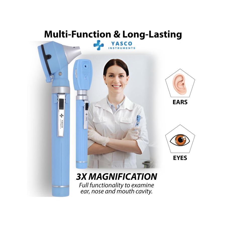 Fiber Optic Mini EENT Diagnostic Set | Sky Blue Otoscope & Ophthalmoscope